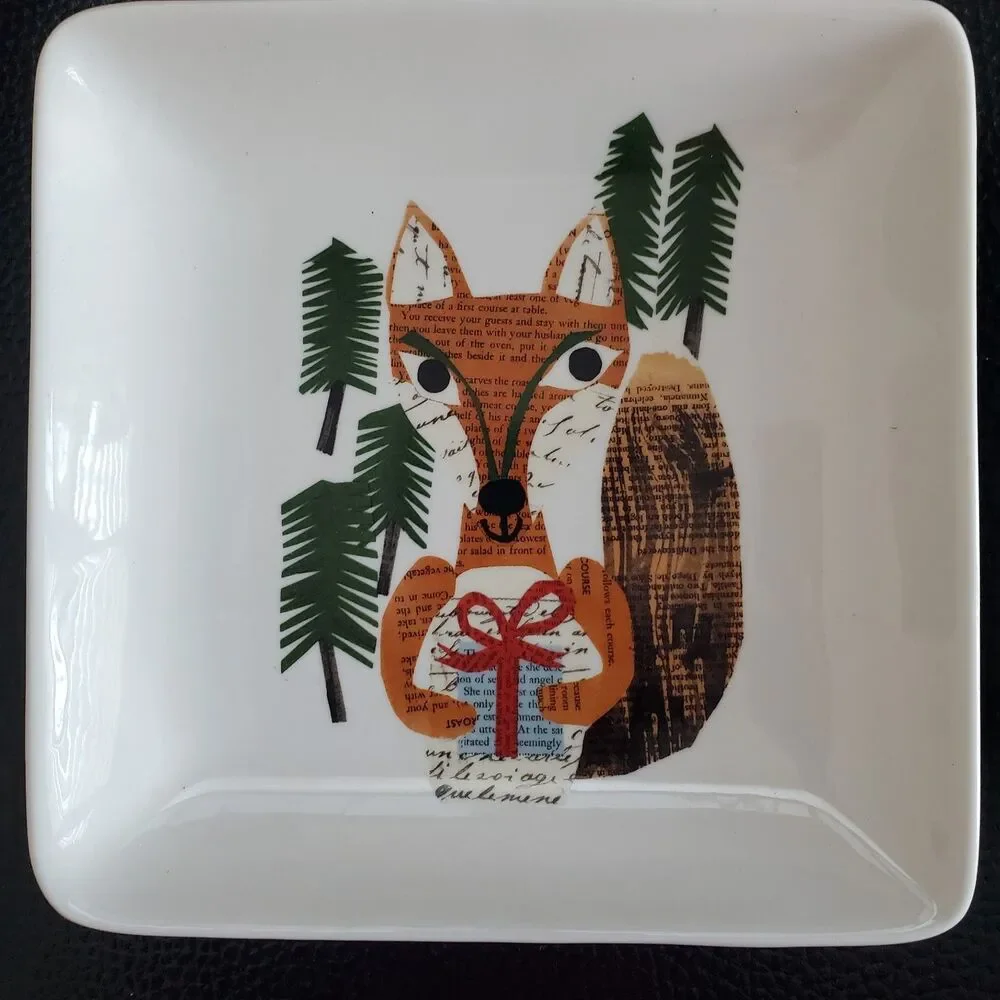 Pottery Barn Denise Fiedler Fox with Present Square Dish 5 1/2 Inches